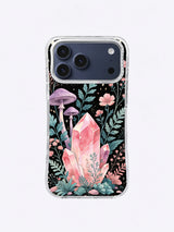 Rose Quartz Forest iPhone case, Quiet Quartz Understory pattern with pink mineral and tall lavender mushrooms