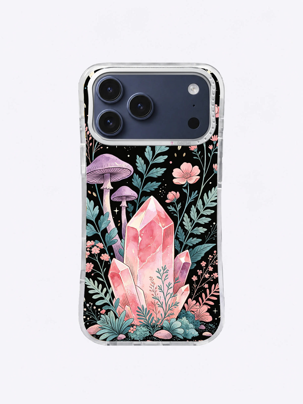 Rose Quartz Forest iPhone case, Quiet Quartz Understory pattern with pink mineral and tall lavender mushrooms