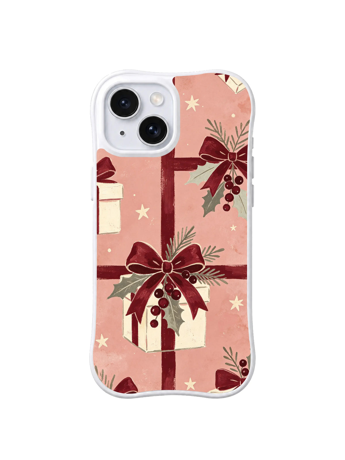 Dusty rose iPhone 15 case with oxblood bows, ivory gifts and holly lattice, pattern one