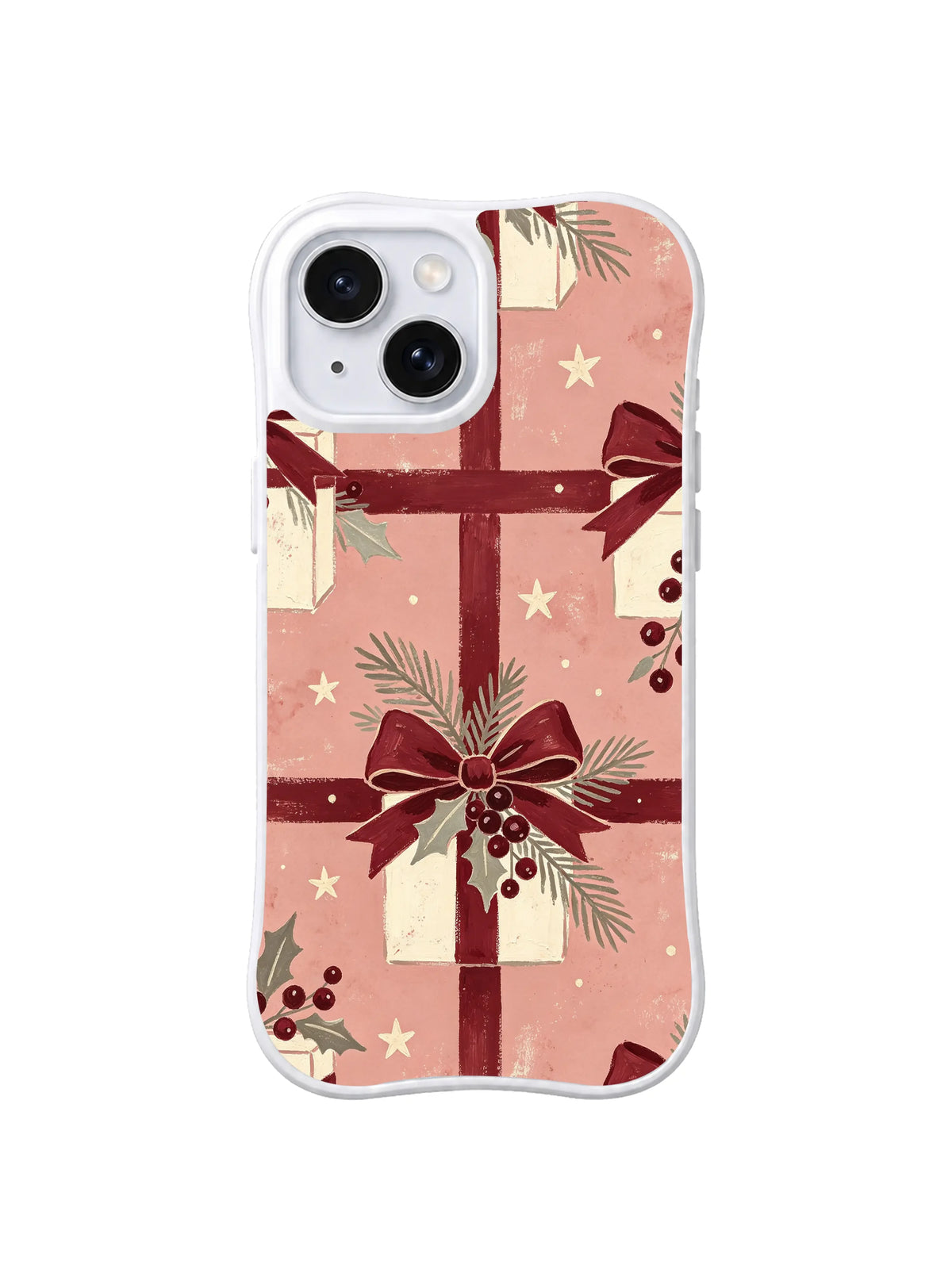 Large burgundy gift ribbon and berry sprigs on pink iPhone 15 case, pattern two