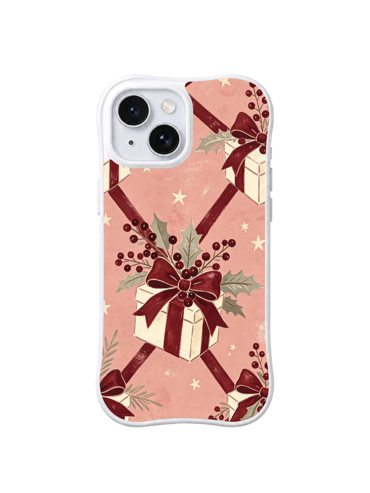 Central ivory parcel with burgundy bow and winter berries on iPhone 15 case, pattern five
