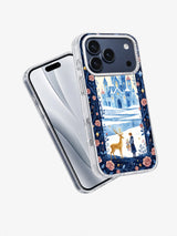 Angled front and back view of the Rose-Snow Palace phone case