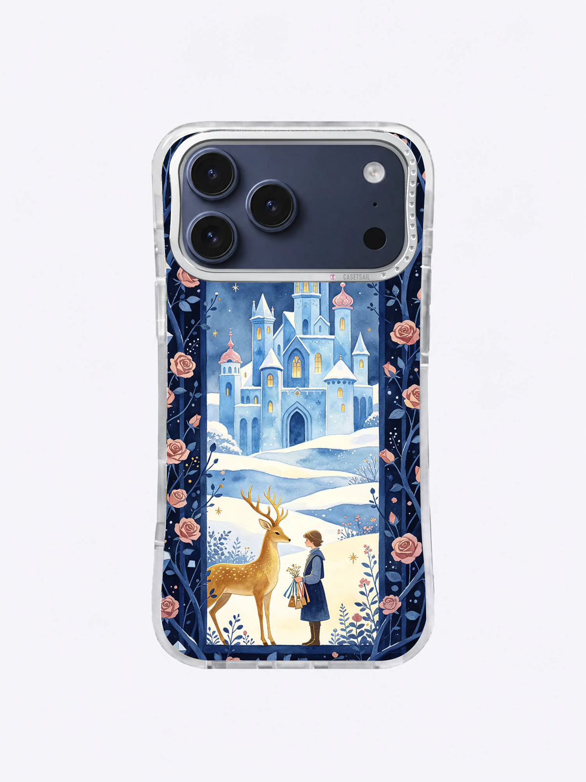 Icy palace beyond an indigo floral arch on an iPhone 17 Pro Max case