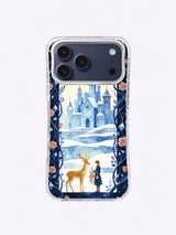 Indigo rose arch framing an icy blue palace and golden deer phone case