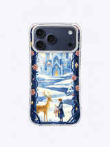 Garden keeper beside a gold-antlered deer before a snow palace phone case