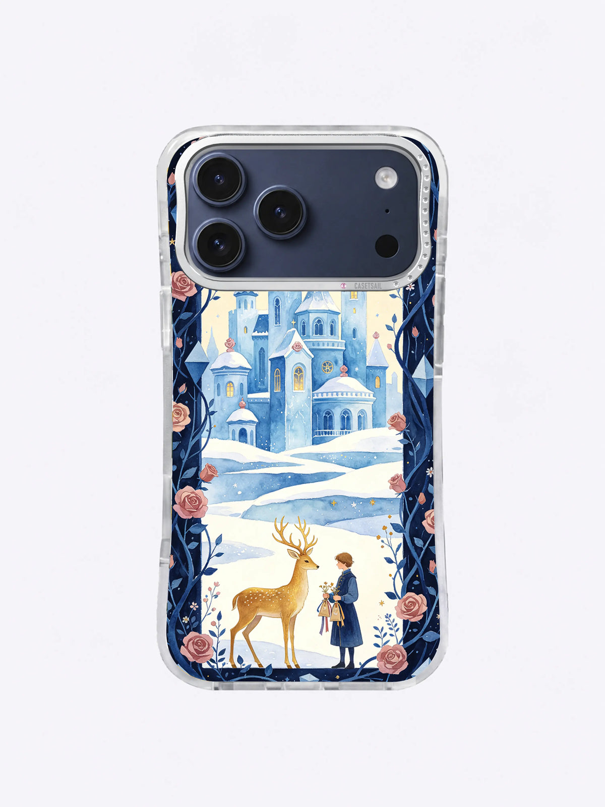 Ribbon seed keeper and deer in a celestial winter rose garden phone case