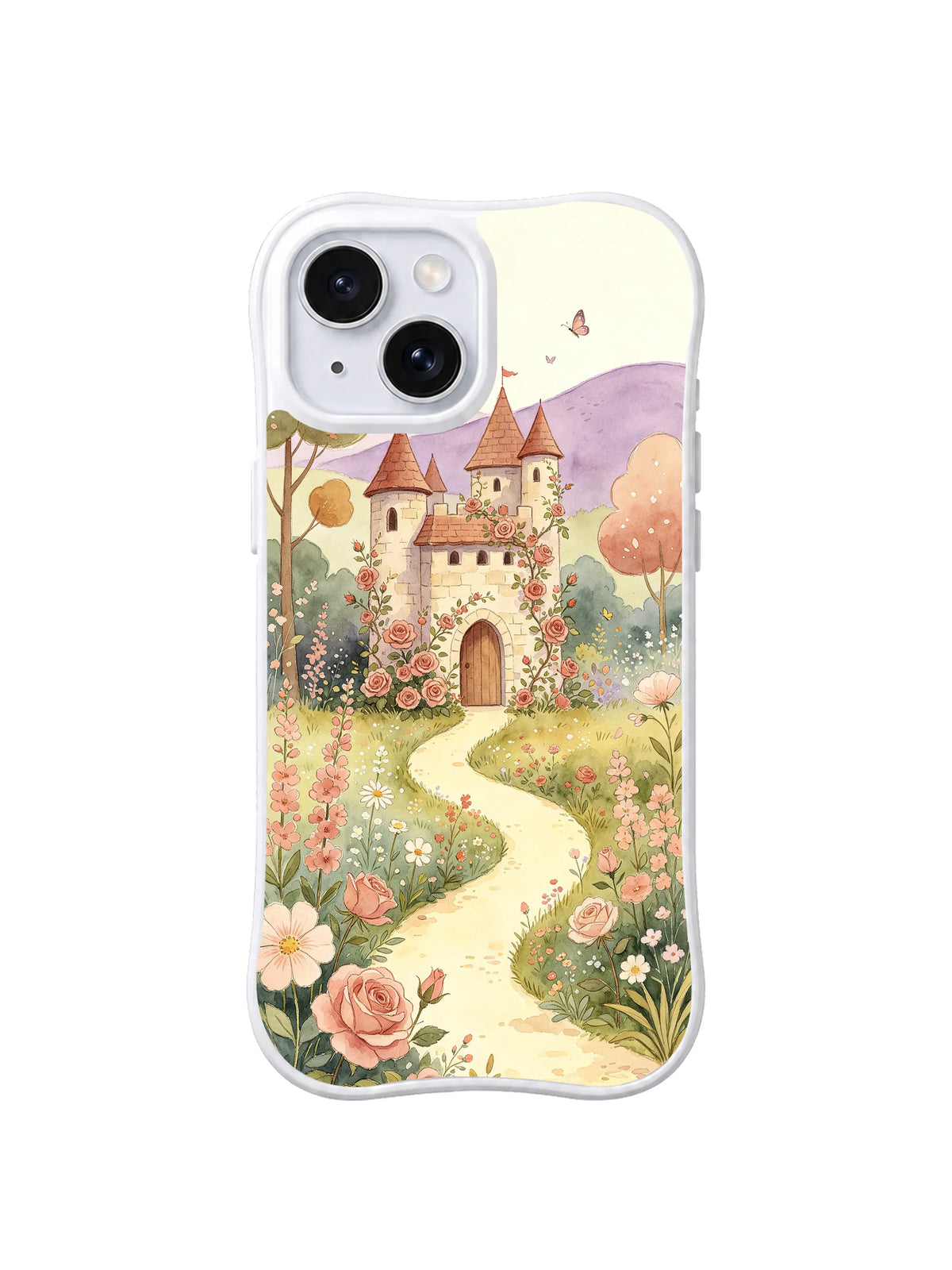 Butterfly Rose Castle: Butterflies hover over roses beside a warm-toned castle.