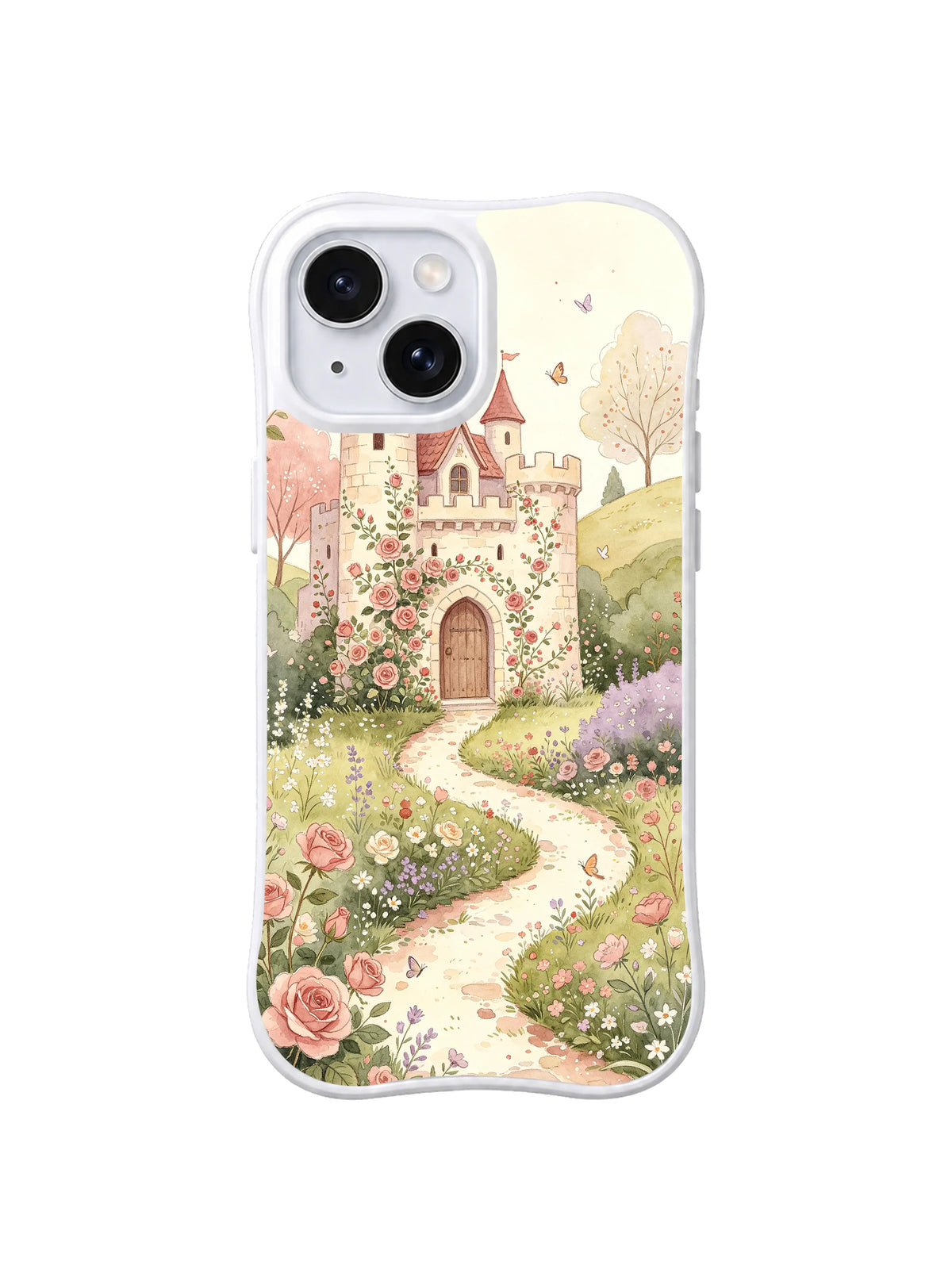 Hidden Rose Courtyard: A pale castle rises beyond a curving rose garden.