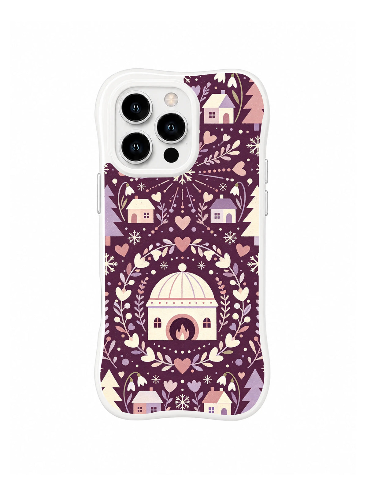 Roundel Snow Cottage folk art iPhone 13 Pro case with snowflakes and botanical hearts