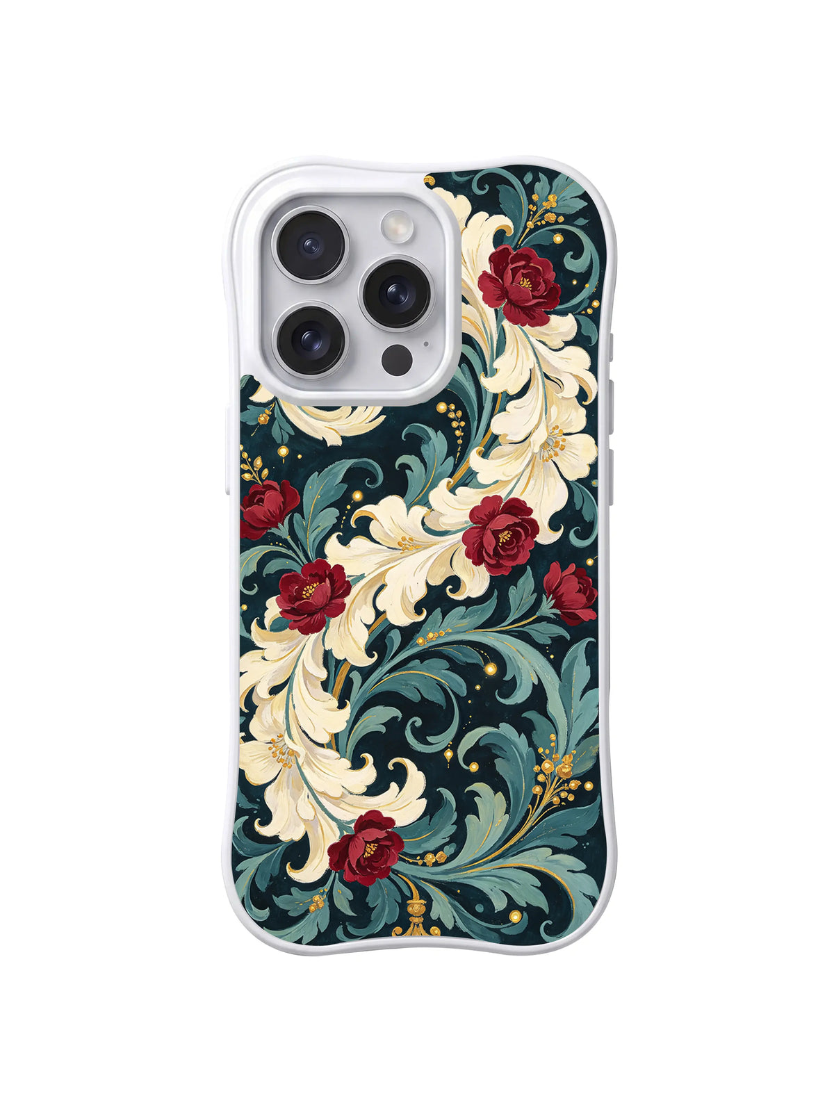 Baroque Crimson Scroll red roses ivory flourishes teal leaves and gold accents on iPhone 15 Pro case