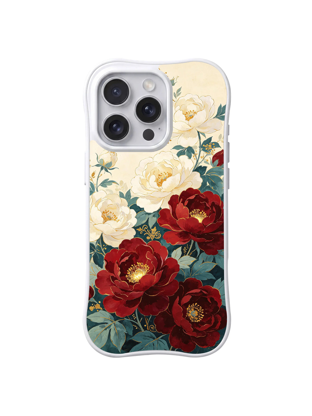 Gilded Garden Emblem red and ivory peonies with teal leaves and gold details on cream iPhone 15 Pro case