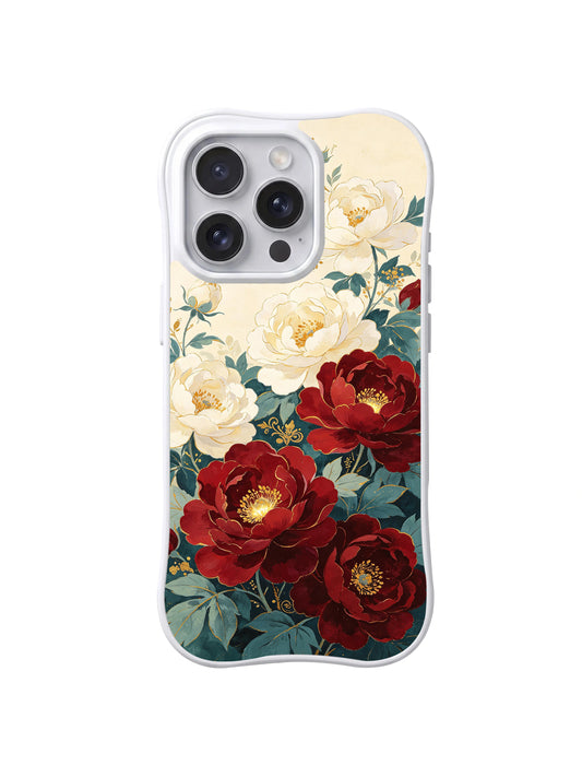 Royal Garden Fragments red and ivory peony iPhone 15 Pro case front view