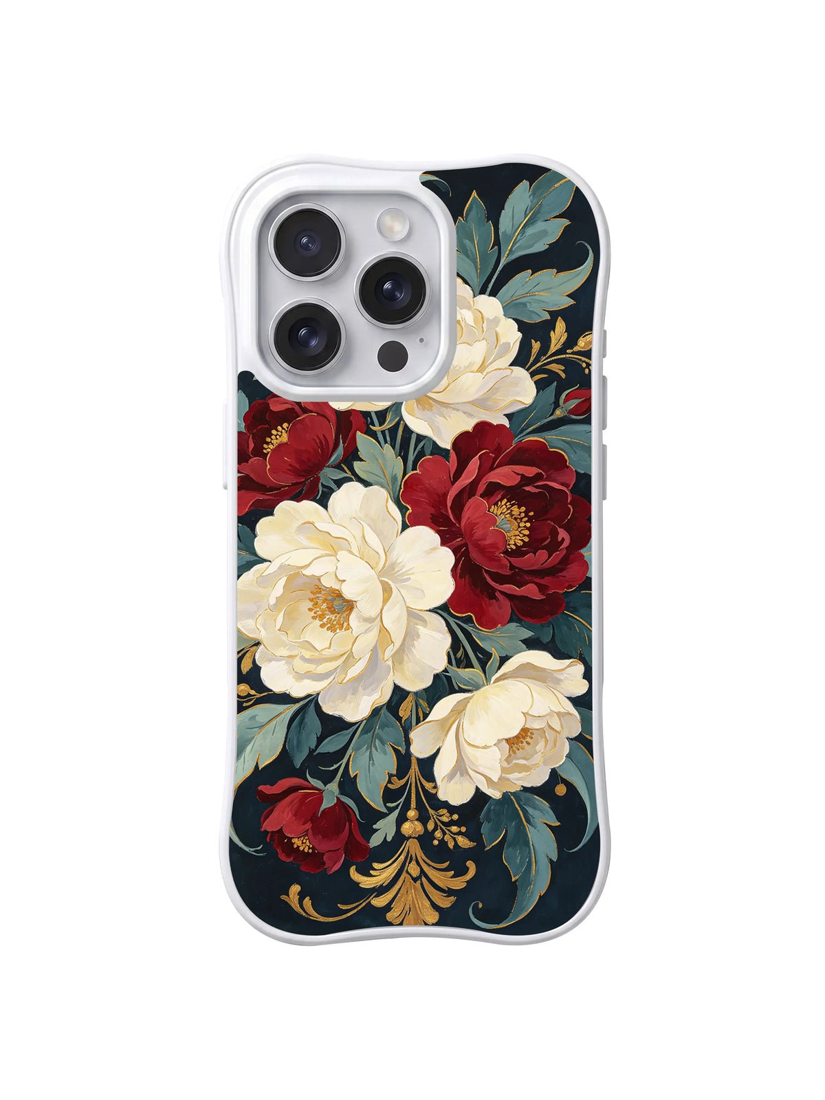 Ivory Crimson Court large cream and red peonies with gilded leaves on dark teal iPhone 15 Pro case