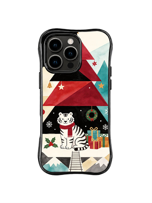 White tiger iPhone 15 Pro case with ruby geometric tree, scarf, bridge and Christmas gifts