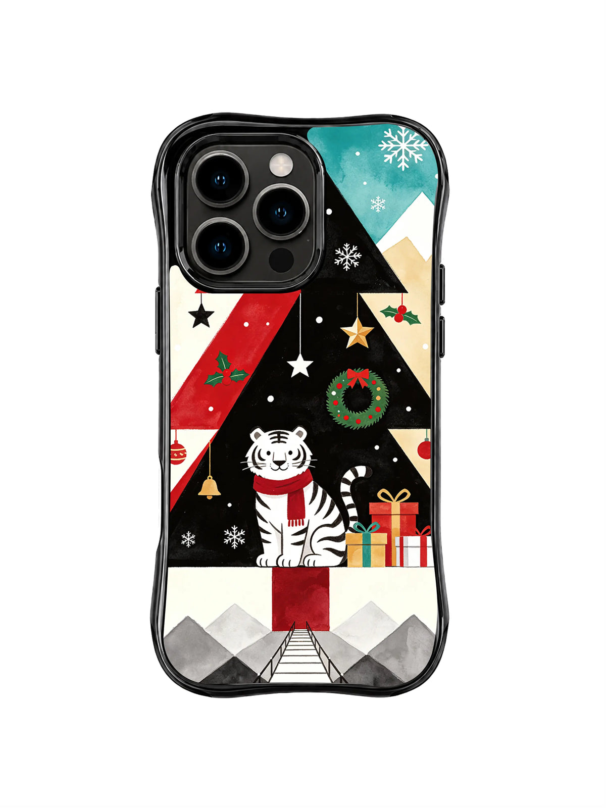 White tiger iPhone 15 Pro case with turquoise star panel, black bridge and wrapped gifts