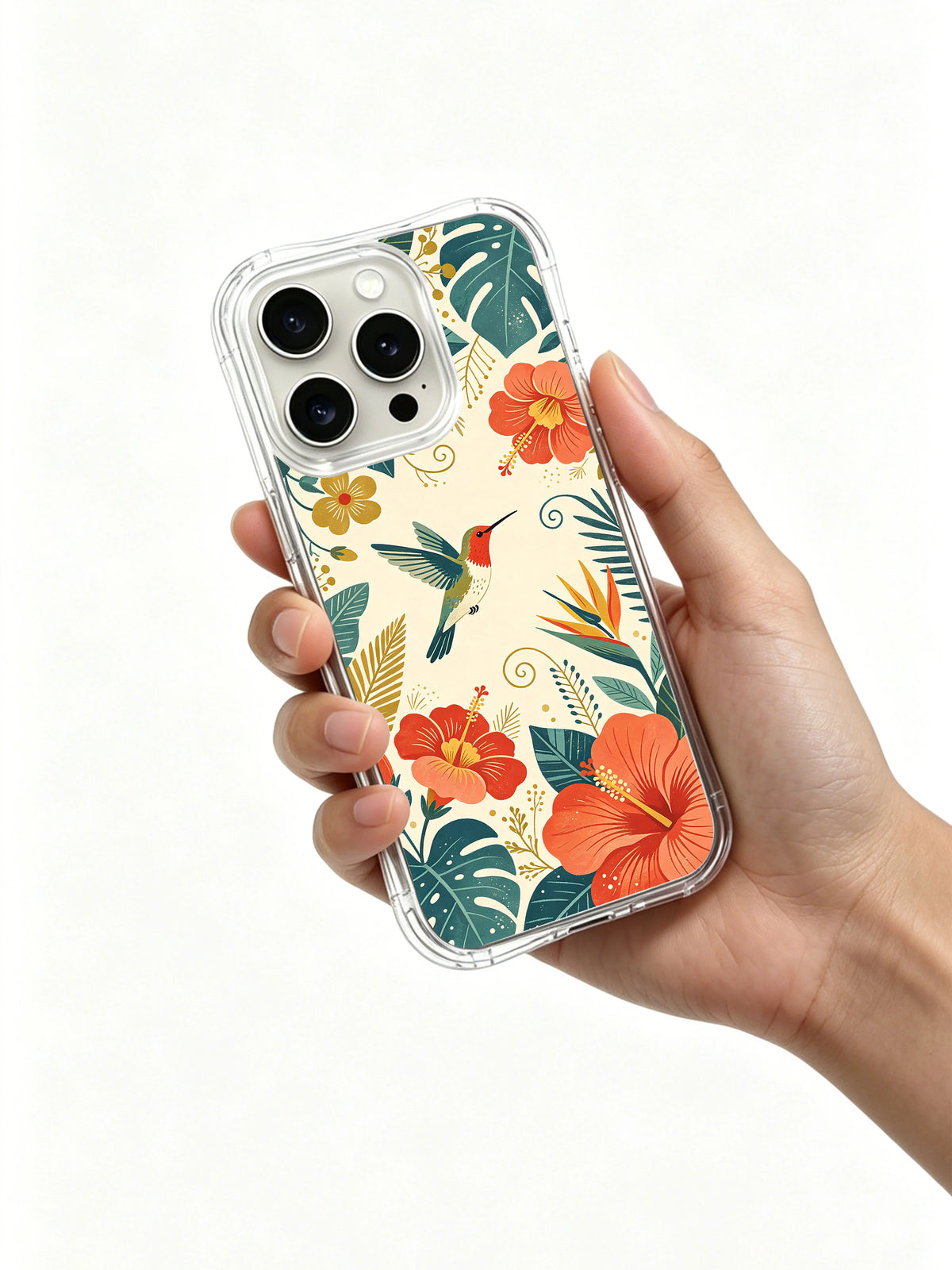 Product or handheld view of the Ruby Hummingbird Hibiscus case