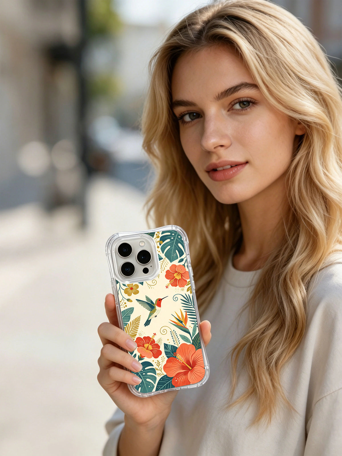 Product or handheld view of the Ruby Hummingbird Hibiscus case