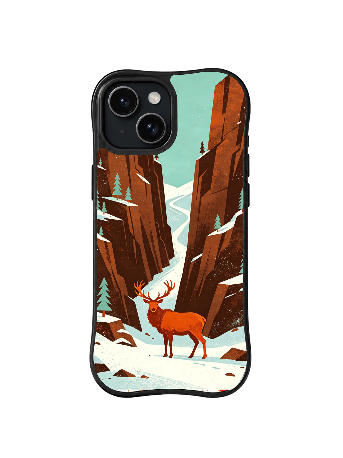 Black iPhone 13 case with rust-orange elk, snowy canyon and turquoise sky western folk art pattern 1