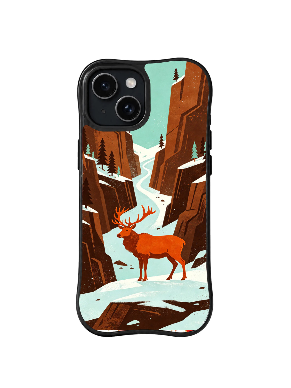 Black iPhone 13 case with orange elk between deep-brown canyon walls western folk art pattern 2