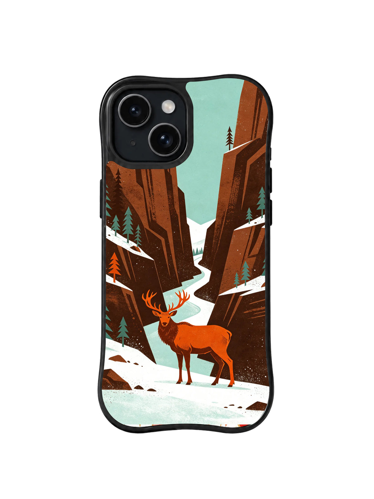 Black iPhone 13 case with rust elk, snow path and sparse geometric pines western folk art pattern 3