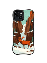 Black iPhone 13 case with elk at snowy canyon entrance and pale turquoise sky folk art pattern 4