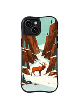 Black iPhone 13 case with orange elk, winding canyon path and snow line folk art pattern 5