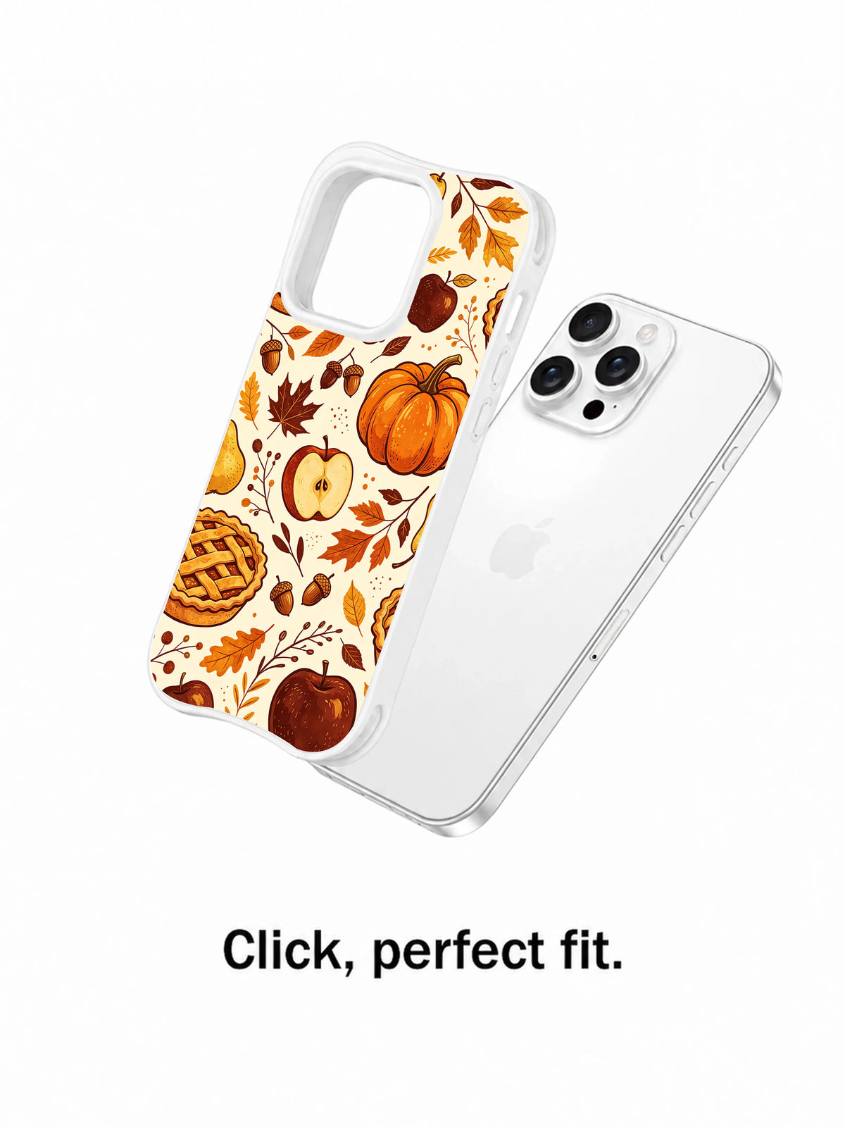 Rustic Orchard Charm: Telefonun yanında ayrı gösterilen desenli kılıf.