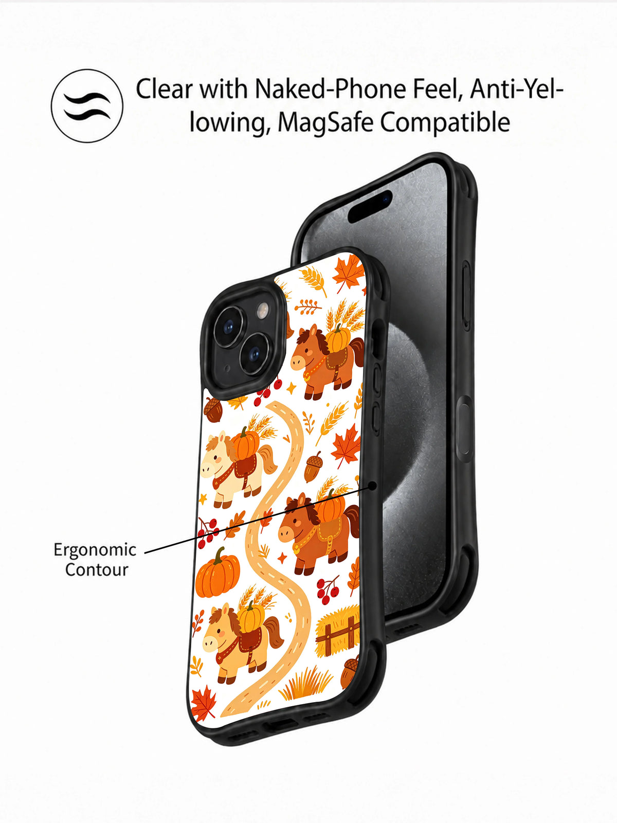 Rustic Pony Harvest Trail: Illustrated rear case overlapping a front phone view in a promotional panel.