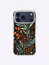 Sage Moon Herbarium iPhone case, Rust Seedpod Herbarium pattern with sage leaves, orange pods, and plum flower