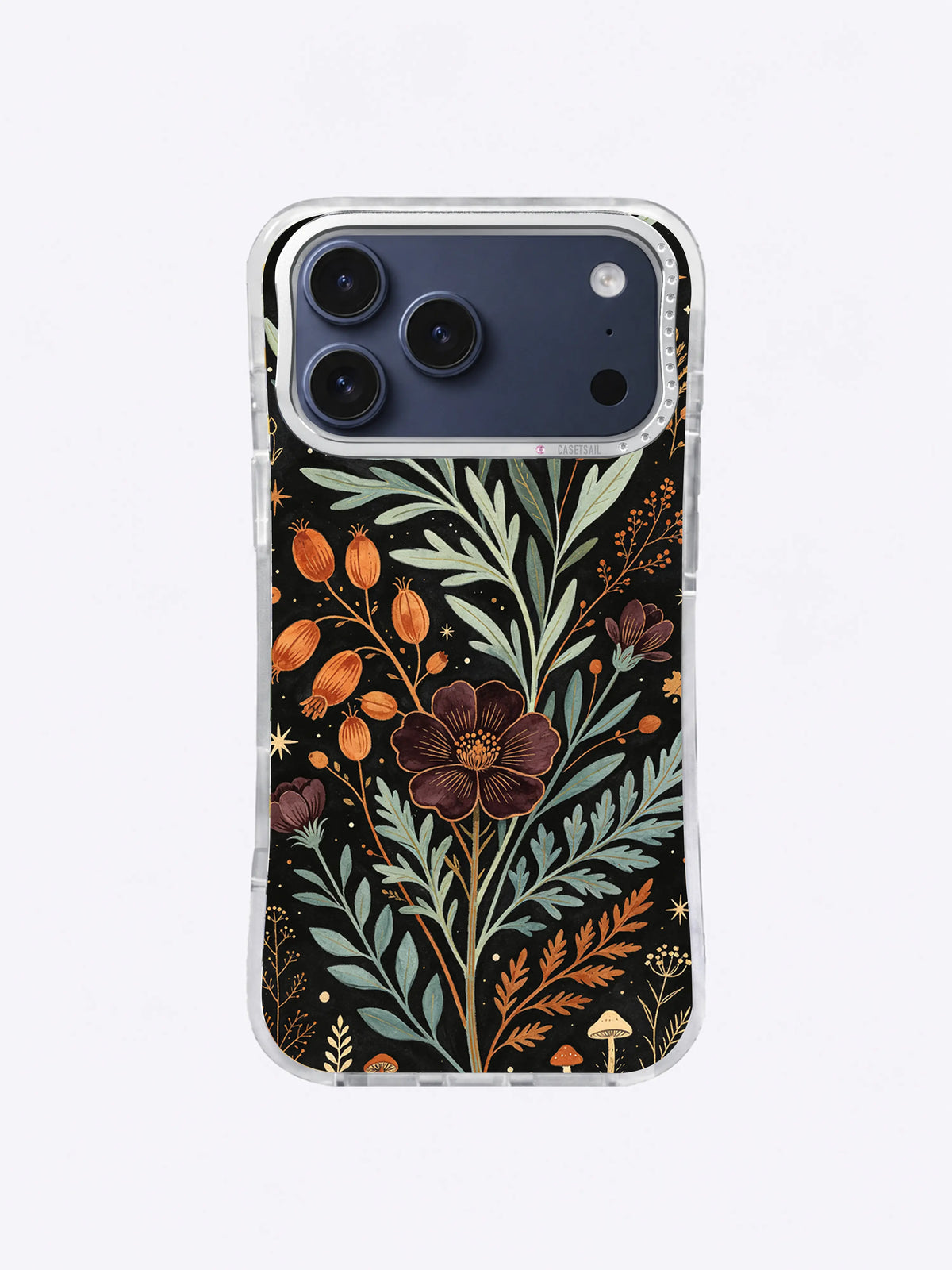 Sage Moon Herbarium iPhone case, Rust Seedpod Herbarium pattern with sage leaves, orange pods, and plum flower