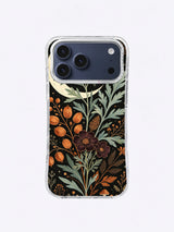 Sage Moon Herbarium iPhone case, Plum Flower Herbarium pattern with dense blooms, green leaves, and orange pods