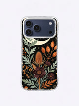 Sage Moon Herbarium iPhone case, Copper Seedhead Archive pattern with textured seed head and plum flowers