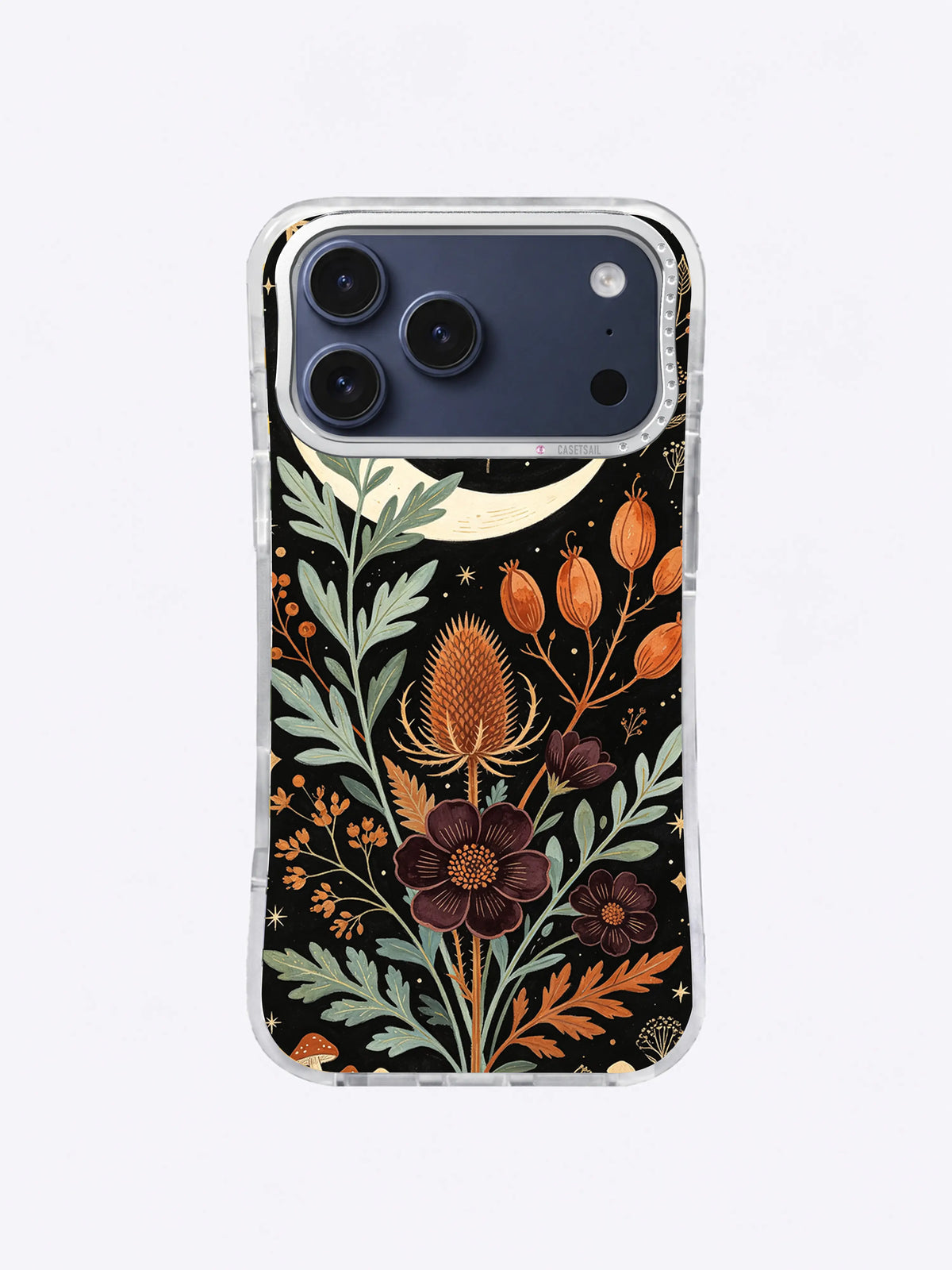 Sage Moon Herbarium iPhone case, Copper Seedhead Archive pattern with textured seed head and plum flowers