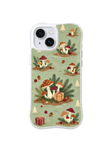 Sage Woodland Noel iPhone 15 case with scattered mushrooms and cranberry gifts