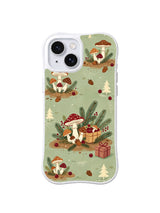 Sage Woodland Noel iPhone 15 case with tall mushroom cluster and red parcel