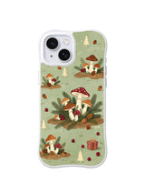Sage Woodland Noel iPhone 15 case with evergreen mushroom woodland clusters