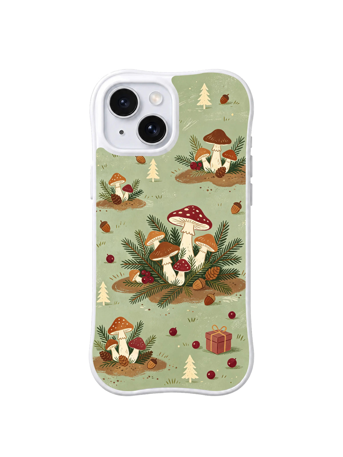 Sage Woodland Noel iPhone 15 case with evergreen mushroom woodland clusters