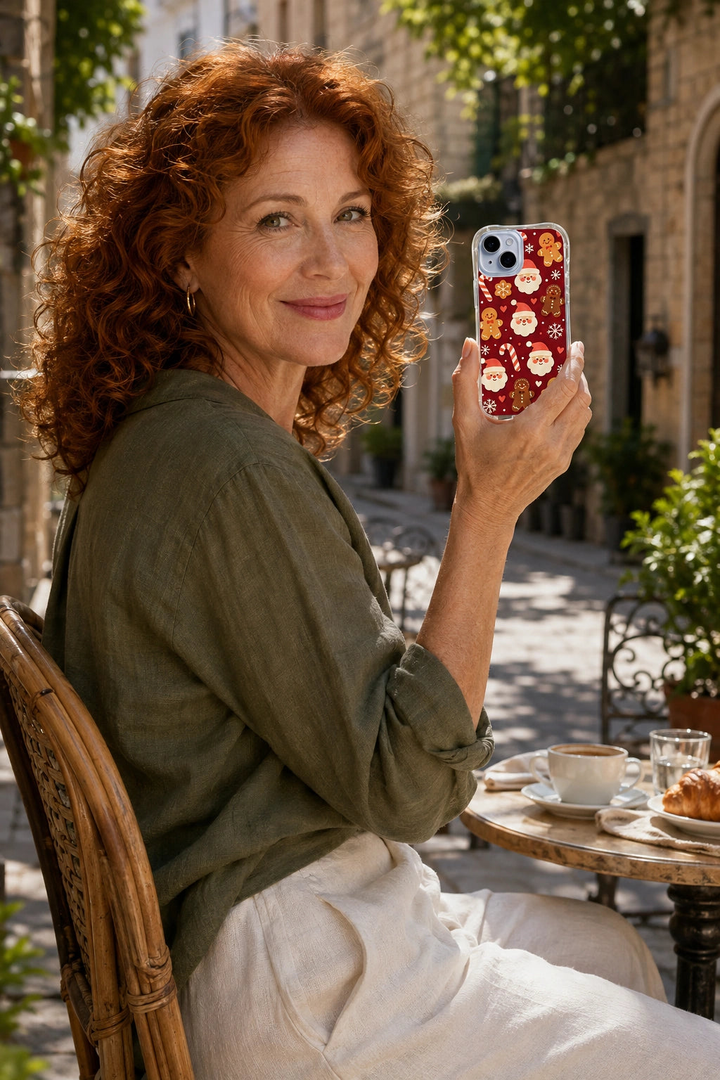 Adult woman at a sidewalk café holding the Santa Biscuit Picnic iPhone 14 Plus case with Santa Gingerbread Gathering artwork