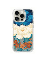Ivory Peony Tide: A large ivory peony rises beneath deep blue petals and small rust flowers.