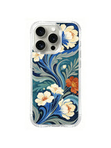 Sapphire Ivory Blossom Current: Blue and ivory flowers follow curling teal leaves across a dark field.