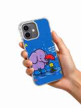 Hand holding an iPhone 16 case with Save Room for Small Things elephant and umbrella artwork
