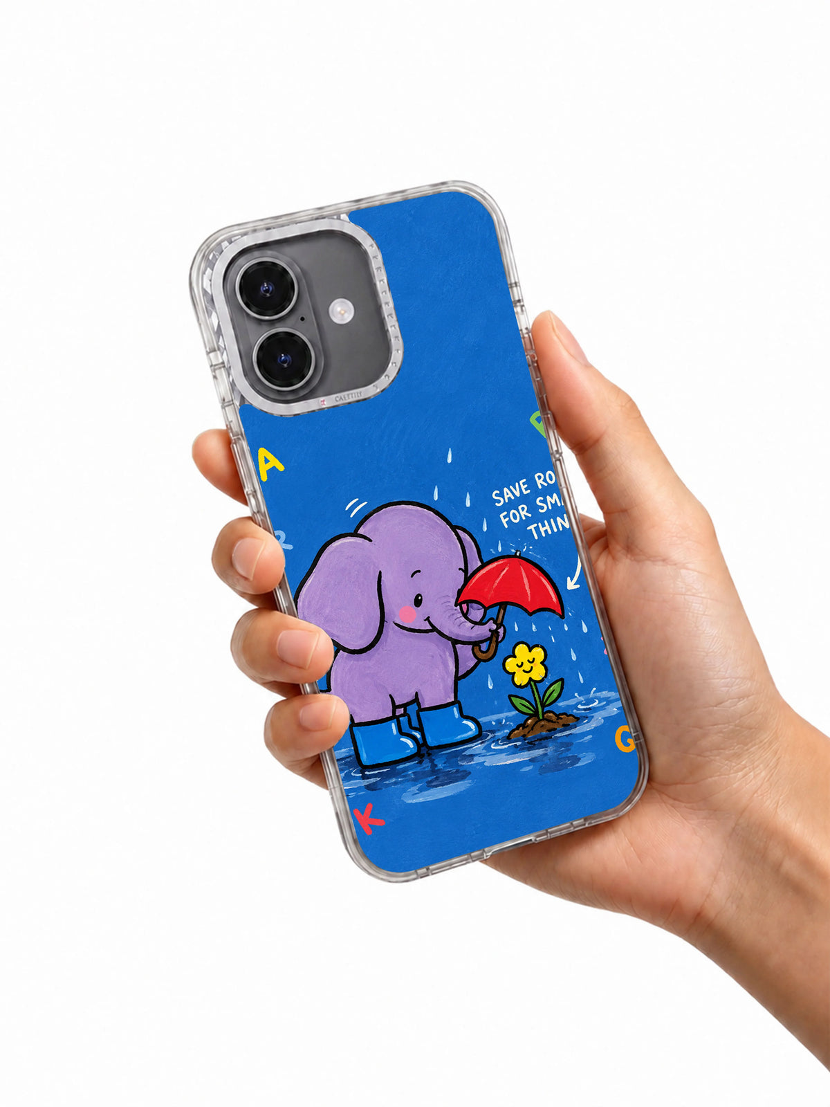 Hand holding an iPhone 16 case with Save Room for Small Things elephant and umbrella artwork