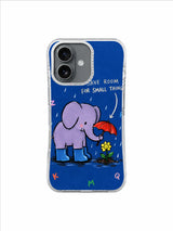 Lavender elephant patiently adjusting a red umbrella above a small flower in blue rain