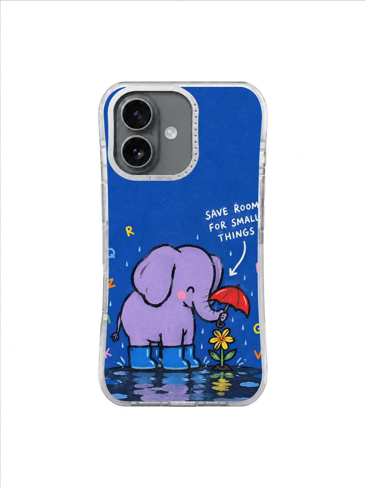 Lavender elephant in blue rain boots holding a small red umbrella over a yellow flower on a rainy blue background
