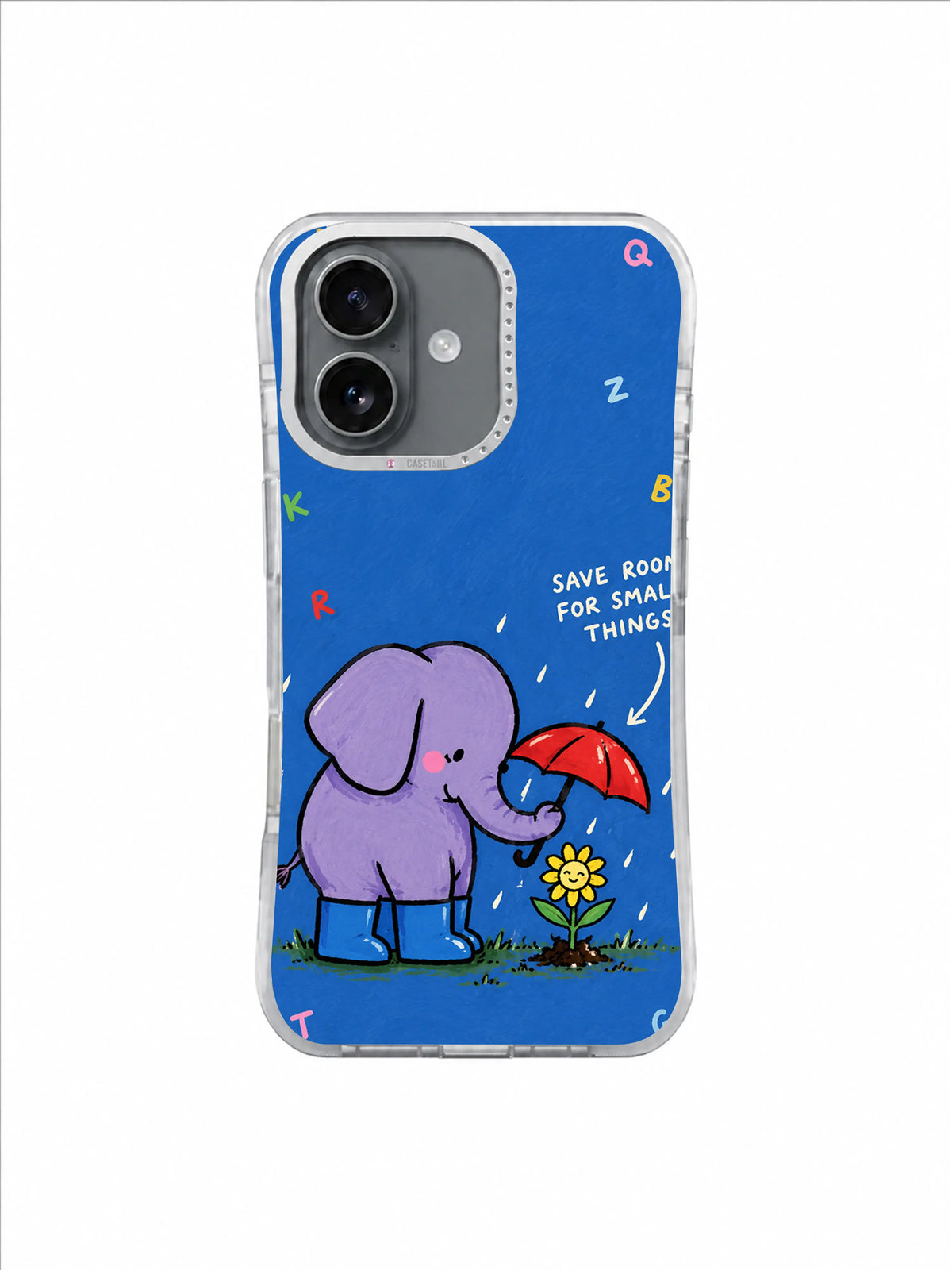 Save Room for Small Things artwork with lavender elephant, blue boots, red umbrella and yellow flower