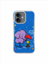Purple elephant sheltering a tiny yellow flower with a red umbrella in playful hand painted artwork