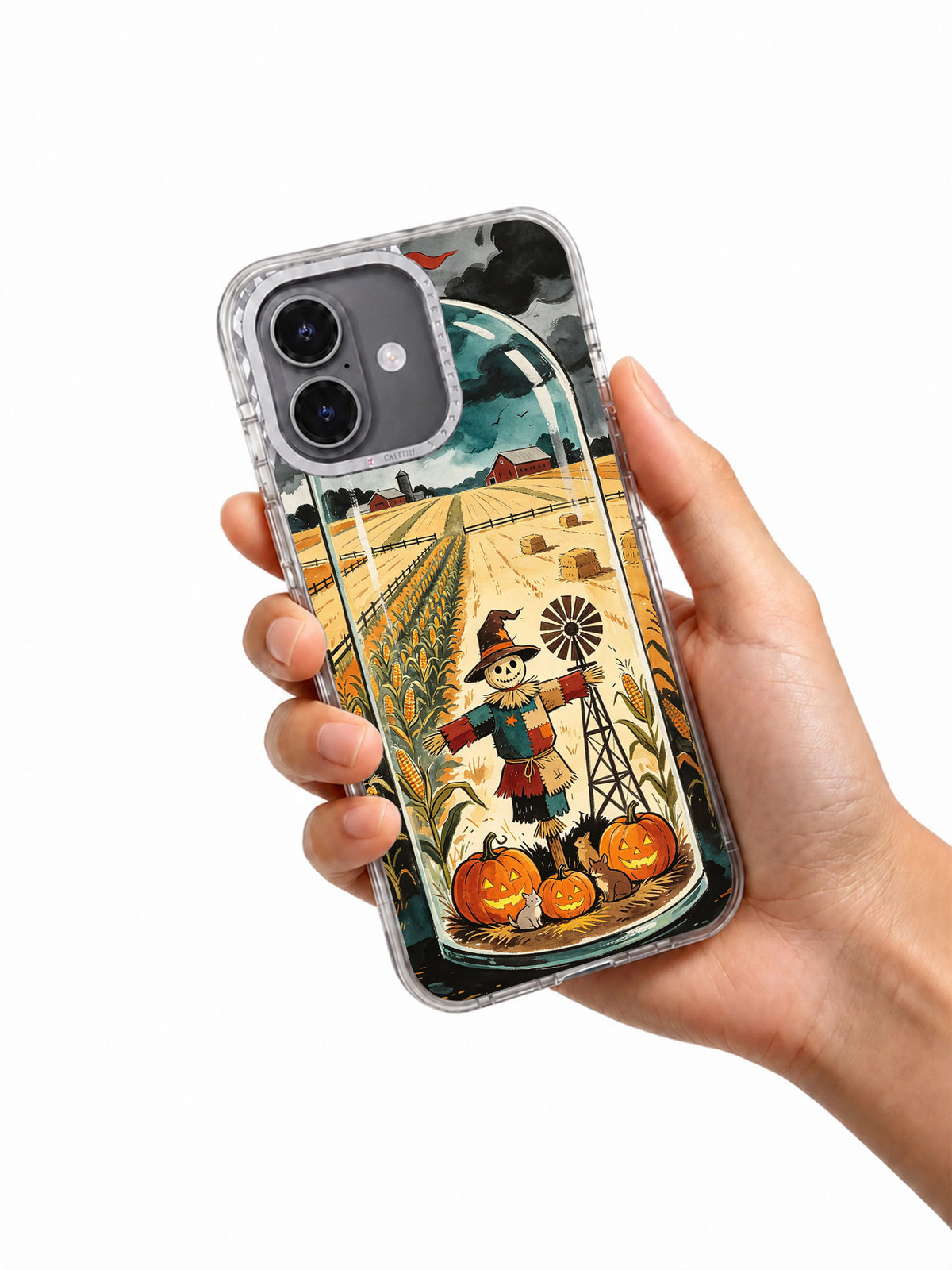 The Scarecrow Watch iPhone 17 case held in hand