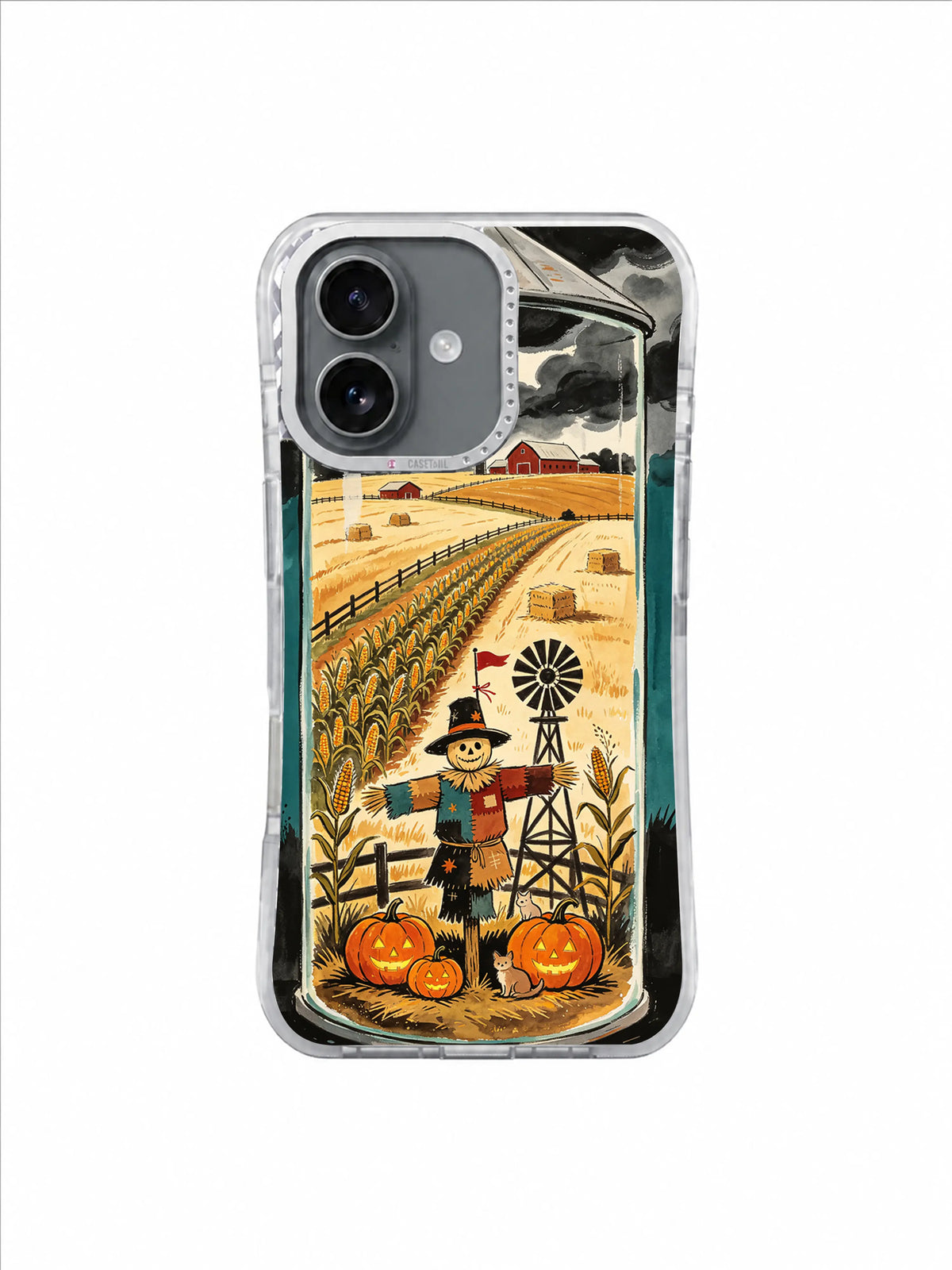Windmill Animal Shelter artwork on an iPhone 17 case