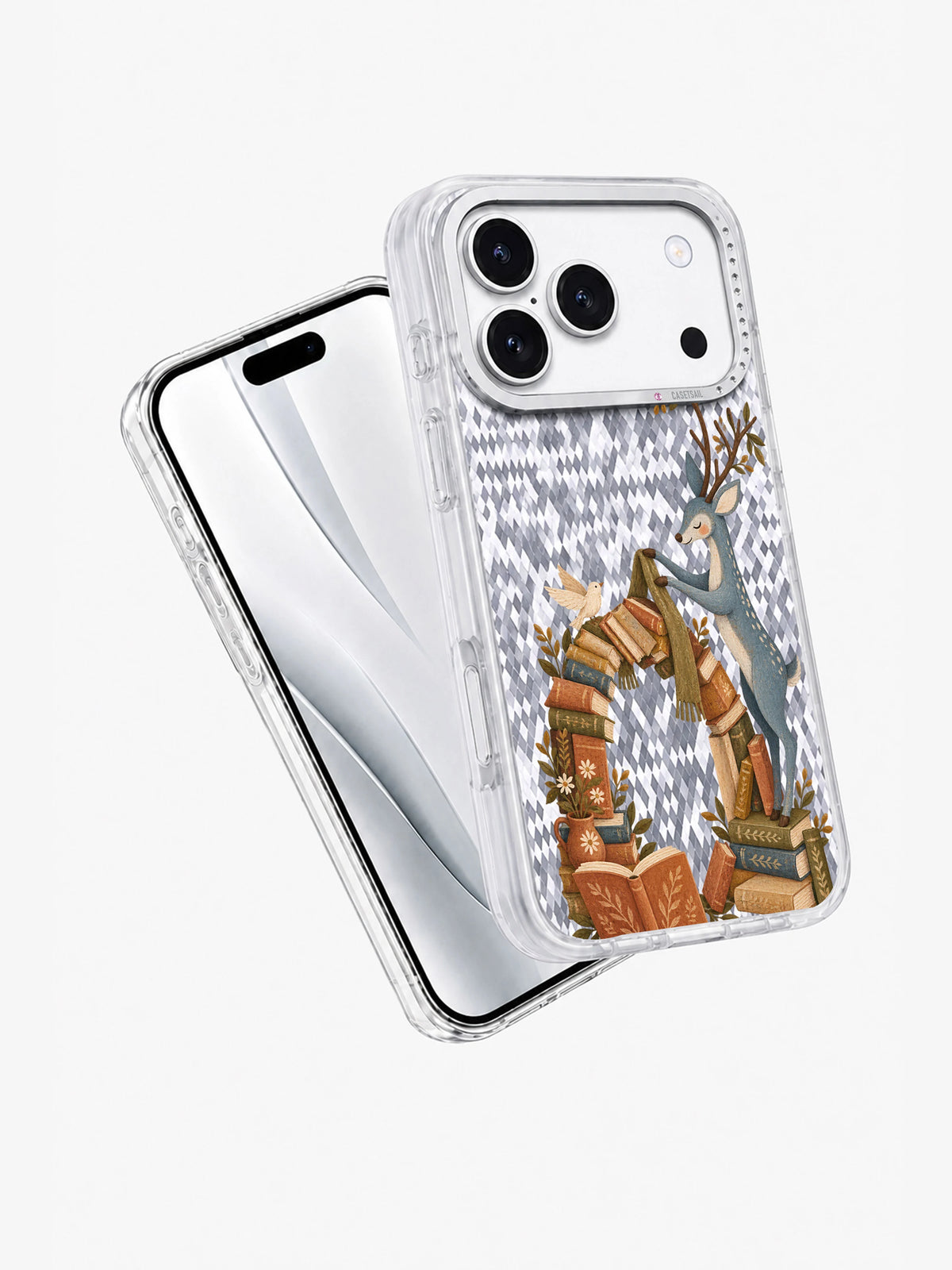Angled front and back view of the Scarf Across the Book Arch clear phone case