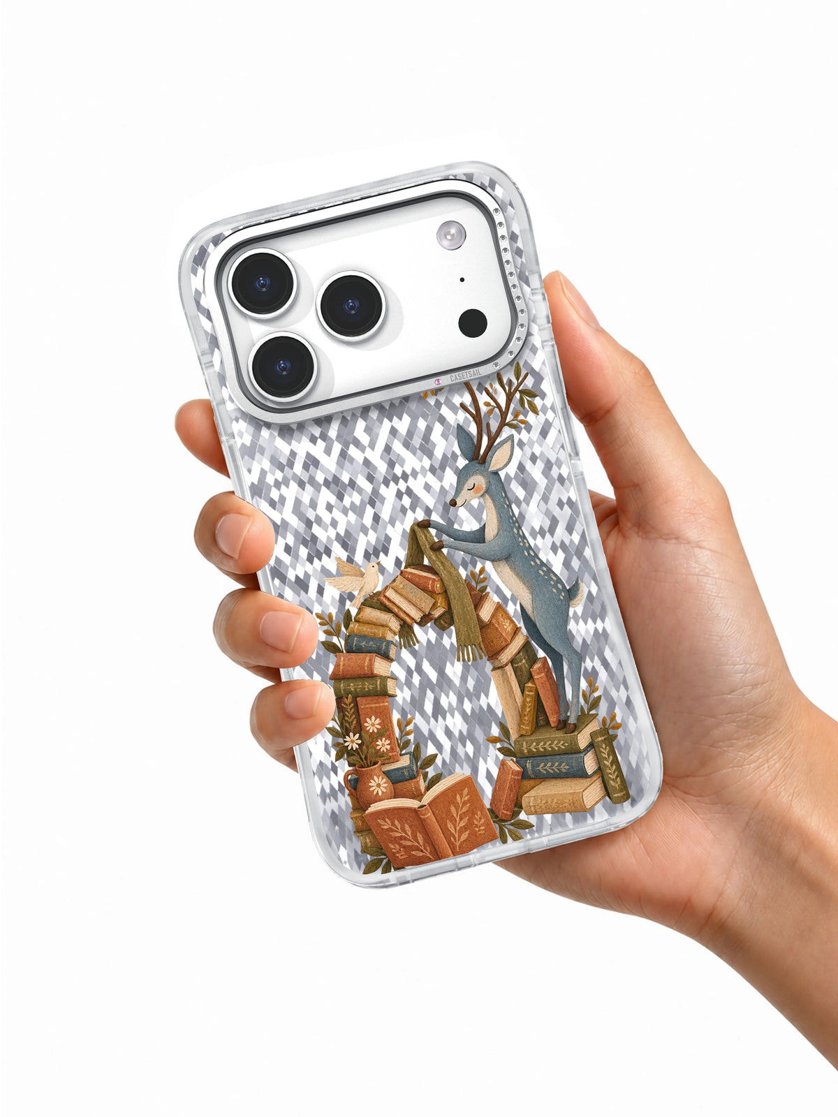 Hand holding the Scarf Across the Book Arch clear iPhone 17 Pro case